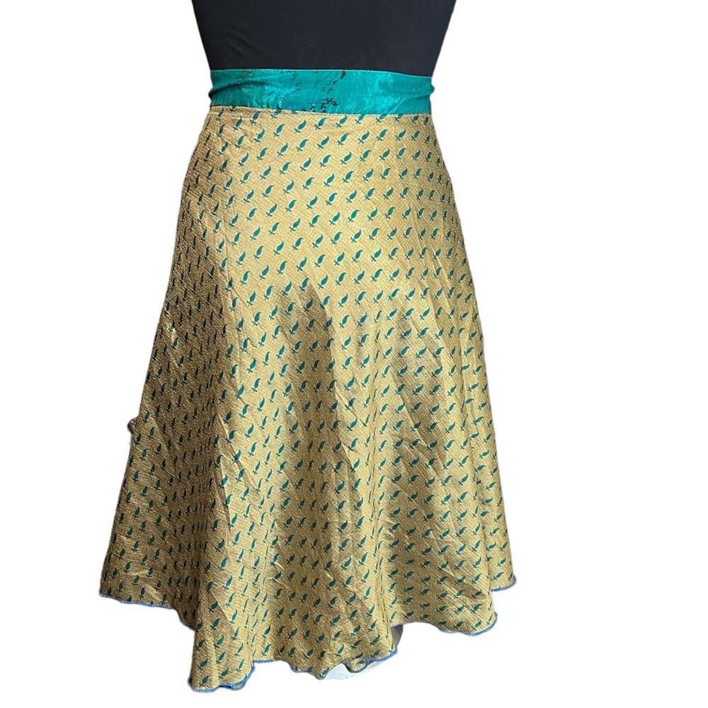 Wevez Wrap Skirt One Size Silk Blend Gold Teal Maroon Boho Womens Tie Waist Midi - Picture 2 of 10